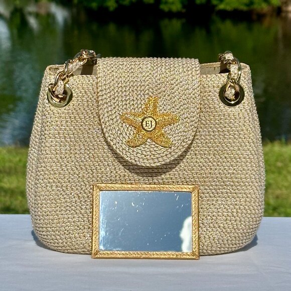 Eric Javits Raffia Sand Dollar Top Handle Chain Strap Gold Metallic Bag - Picture 6 of 13